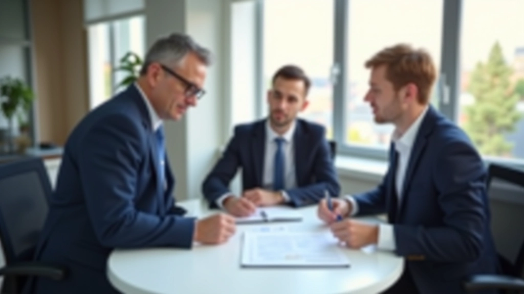 Geschäftsmänner und Frauen in einem Büro bei einer Besprechung mit Plänen und Dokumenten auf dem Tisch, zeigt Planung von Förderungsprojekten