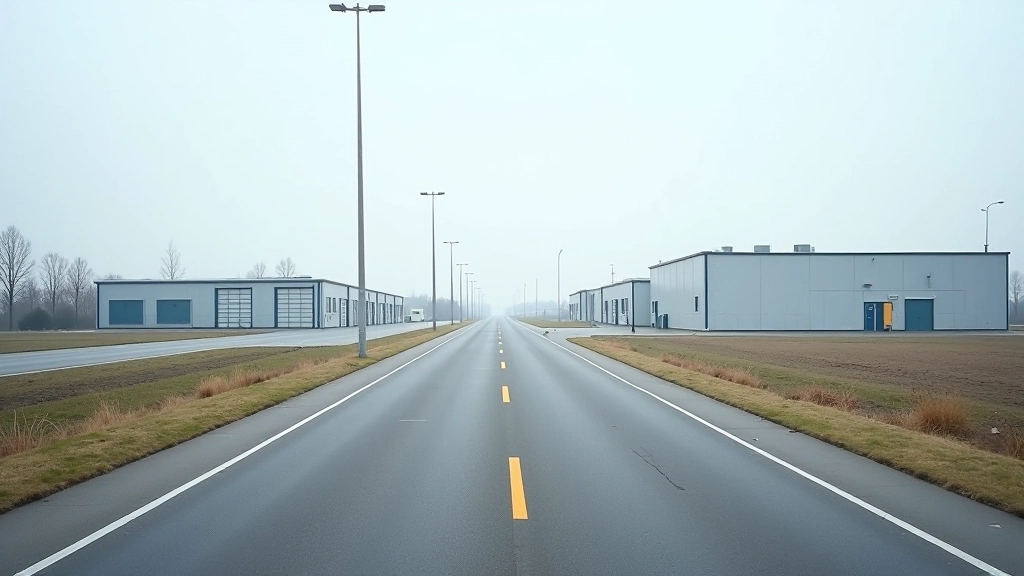 Leeres Industriegebiet mit modernen Fabrikgebäuden und Straßen, zeigt Herausforderungen bei der regionalen Wirtschaftsentwicklung