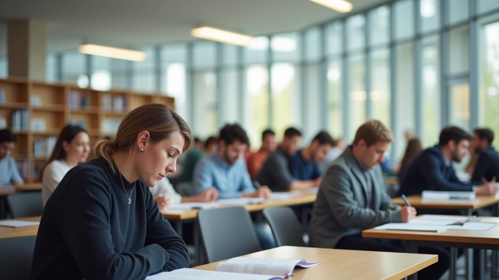 Studentengruppe in moderner Universitätsbibliothek in Dresden oder Leipzig, diverse Studenten am Schreibtisch, helles Tageslicht, konzentrierte Atmosphäre