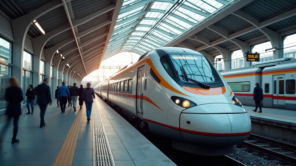 Hochgeschwindigkeitszug an modernem Bahnhof mit zeitgenössischer Architektur und Infrastruktur, Beispiel für Verkehrsprojekte in Ostdeutschland