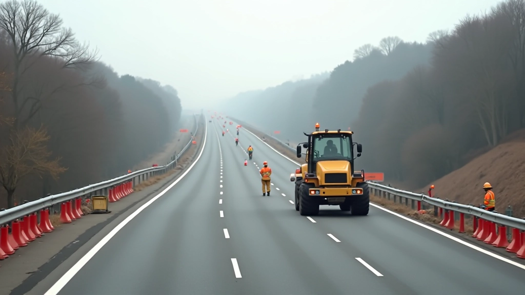 Großbaustelle einer Autobahn mit modernem Baugerät und Ingenieuren, Infrastrukturprojekt in Ostdeutschland
