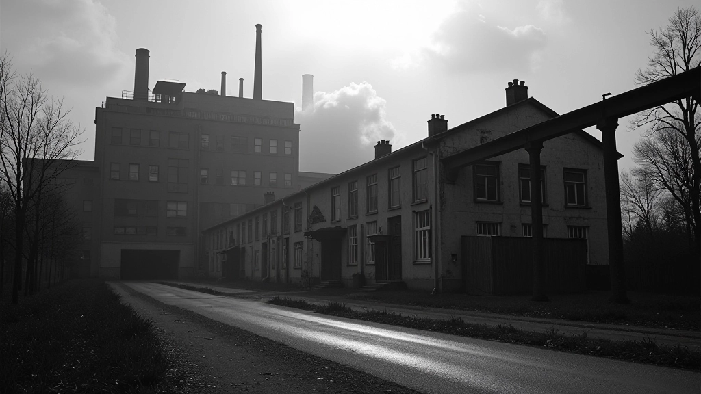 Historische Fabrikgebäude in Ostdeutschland aus den 1990ern, Schwarzweiß-Fotografie, melancholisch und industriell