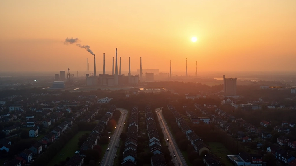 Industrielle Landschaft mit Fabrik und Wohnblöcken in Ostdeutschland bei Sonnenuntergang