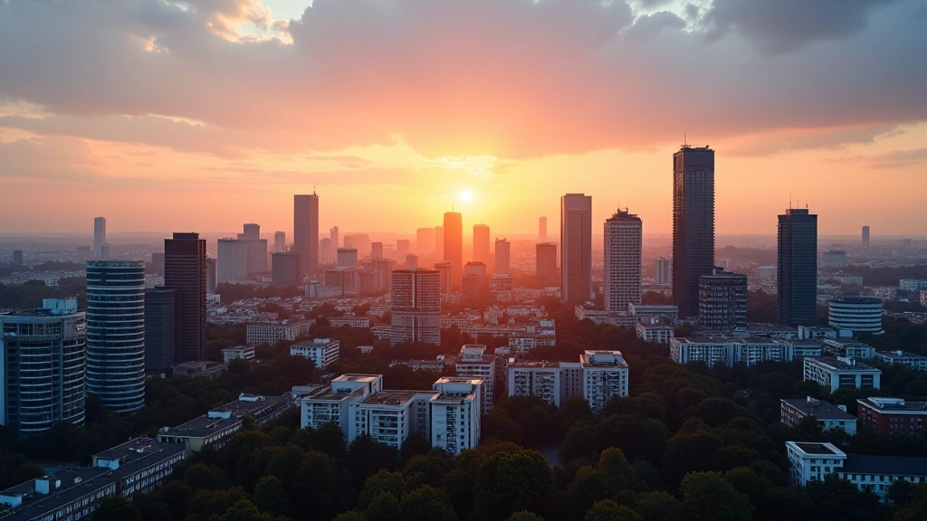 Moderne Skyline mit Bürogebäuden und Industrieanlage in Deutschland