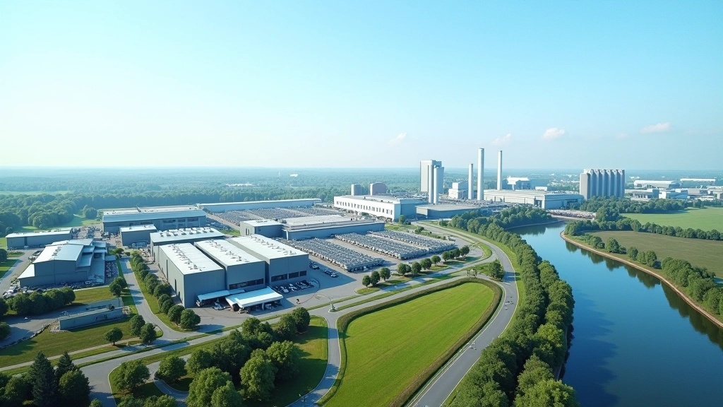 Industriegebiet mit modernen Fabriken und grünen Technologieanlagen in einem prosperierenden Bundesland