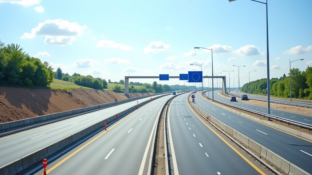 Moderne Autobahn mit mehreren Spuren, Baustellenschild mit Europaflagge, neue Infrastruktur, sonniger Tag, scharfer Fokus