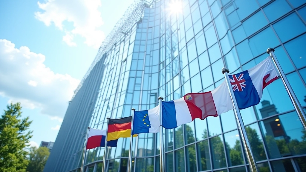 Europäische Flaggen vor einem modernen Bürogebäude mit Glasfassade, symbolisiert europäische Finanzierung und regionale Entwicklung