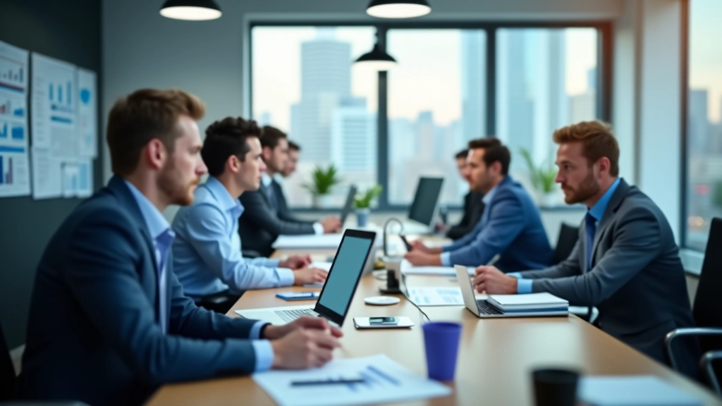 Modernes Büro mit Analysten, die an Daten und wirtschaftlichen Metriken arbeiten, helles Licht, professionelle Arbeitsumgebung