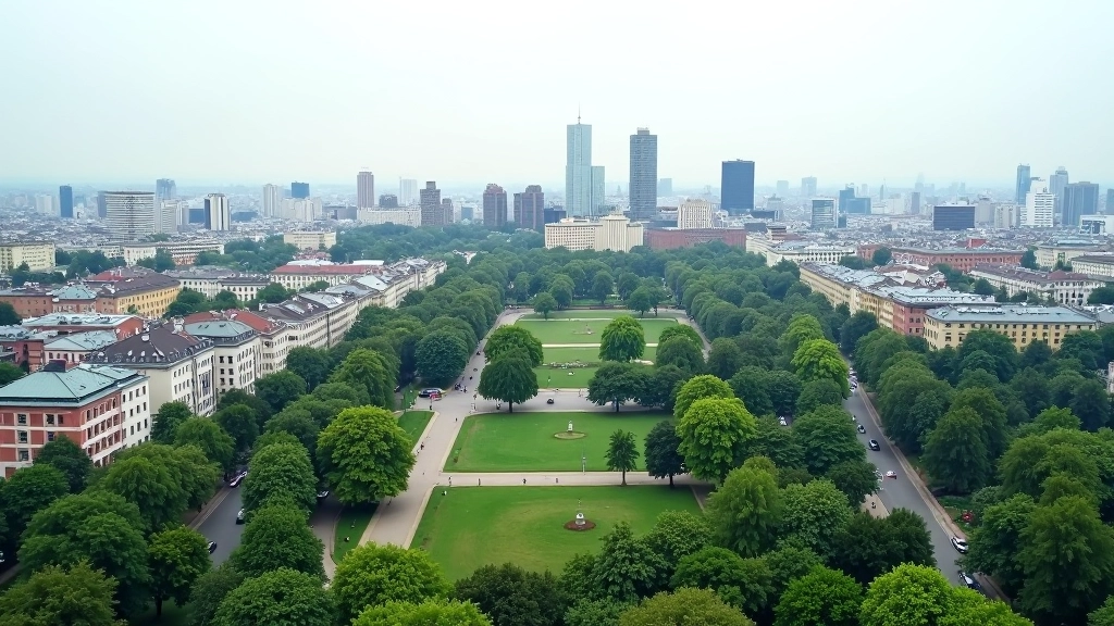 Contrasting skylines showing modern eastern and western German city development with parks and green spaces